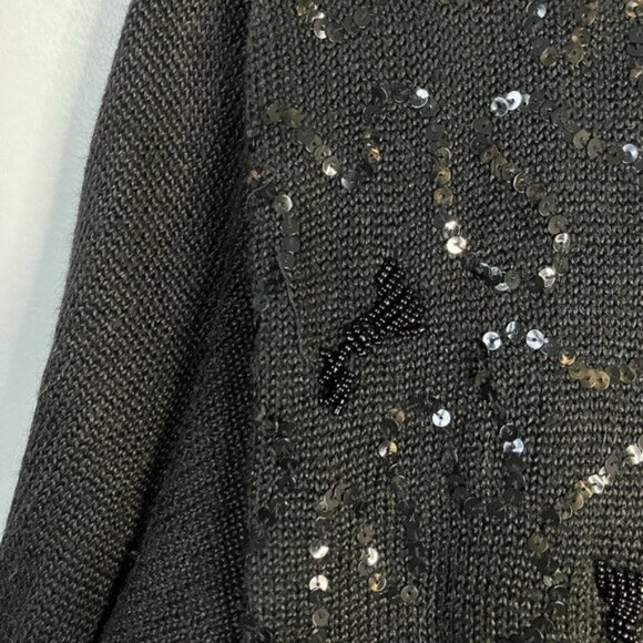 Vintage Jaclyn Smith Black Knit Sequin Beaded Bow Collared Coquette Cardigan - Picture 7 of 7